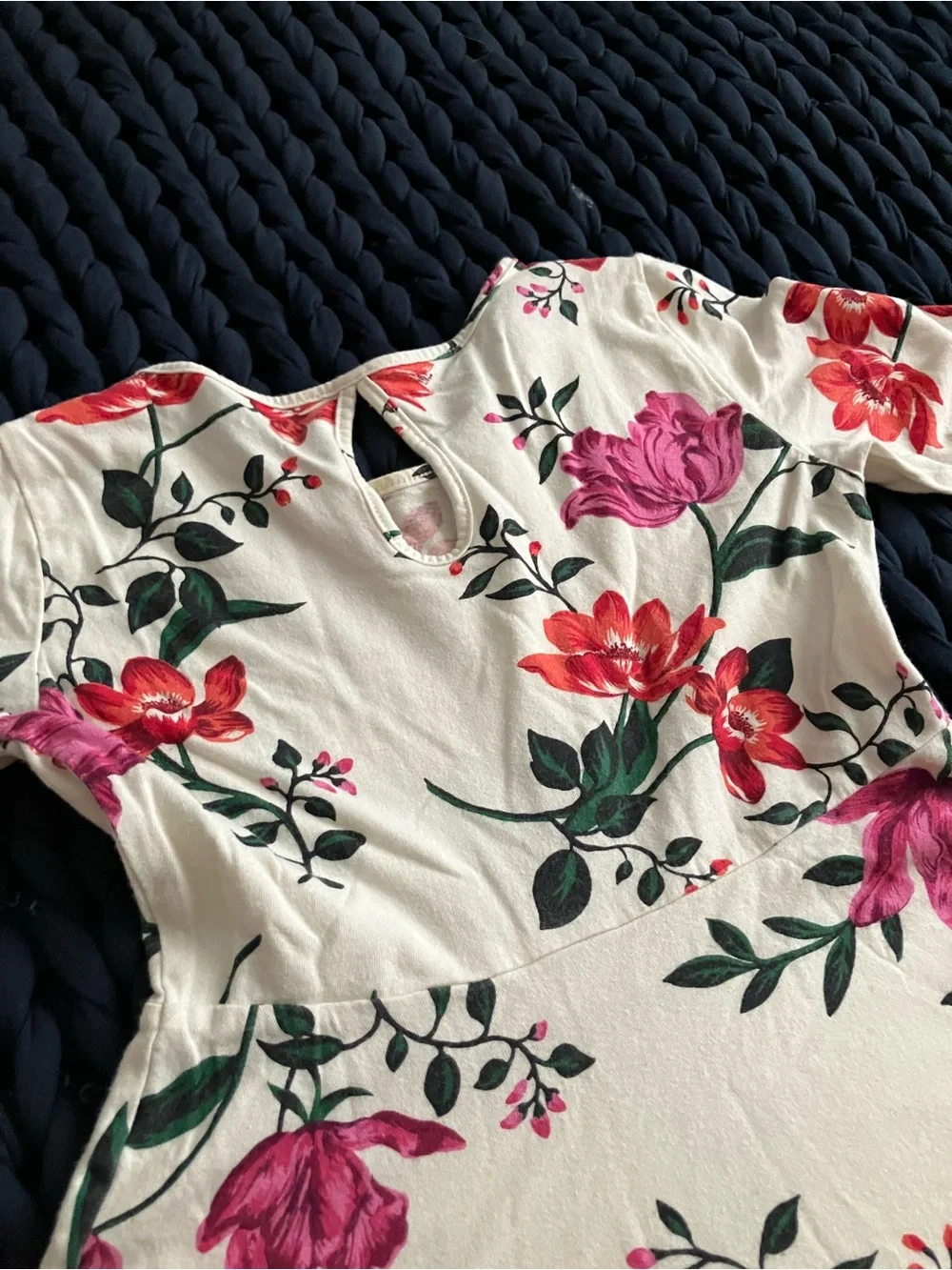 Cream Floral Fit-and-Flare Kids Dress with Pink & Red Blooms